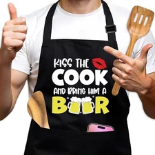 Funny Chef Aprons for Men, Kiss The Cook and Bring Him A Beer, Adjustable 