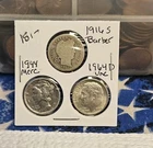 Silver Dime Lot of 3 Coins 90% 1916 S Barber, 1944 Mercury,&1964 D  Roosevelt.