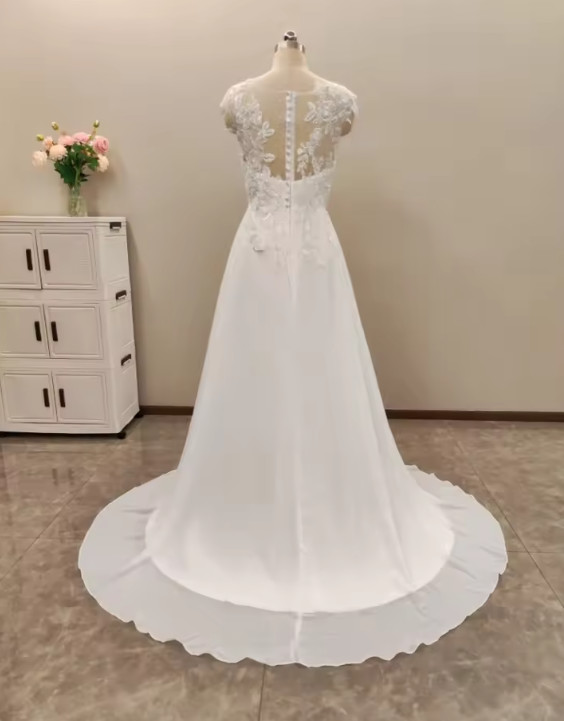 Lace Boho Wedding Dresses A line Side Split Appliqued Lace Bride Dress Chiffon