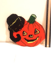 VINTAGE PLASTIC CANVAS YARN NEEDLEPOINT HALLOWEEN JACK O LANTERN BLACK CAT DECOR