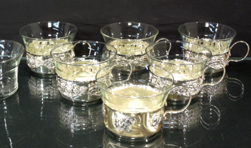Tee Service versilbert silber antik 6 Tassen Becher Driburg Kristall+1 Ersatz - Afbeelding 1 van 4