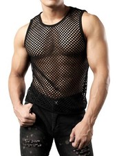 Men's Mesh Fishnet Fitted Sleeveless Muscle Top Large WG01 Black