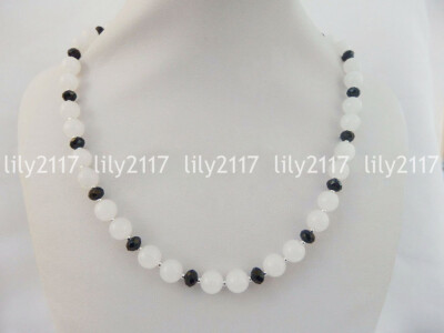 Natural 8mm White Jade 4x6mm Faceted Black Crystal Beads Necklaces  16-48'' AAA