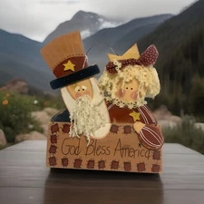 Hand Painted Uncle Sam & Wife Wooden Sign”God Bless America”Fourth Of July Decor