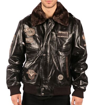 Mens Real Leather Jacket Bomber Aviator Style Badge Design Brown