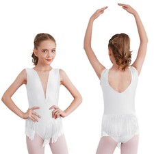 Girls Bodysuit Leotards Figure Skating Costume Round Neck Unitards Fringed