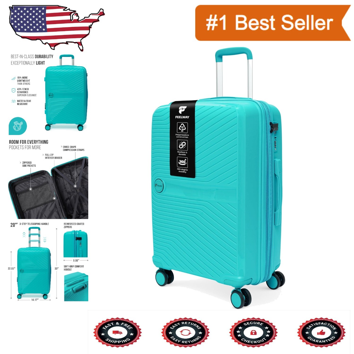 Durable 3-Piece Expandable Hard Side Luggage Set with 360° Spinner Wheels