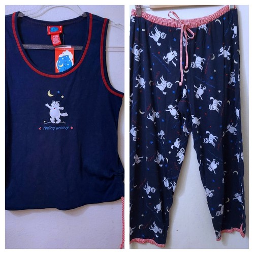 Pillow Talk Pajama Set Navy Feeling Groovy Cat Size Medium Tank Top