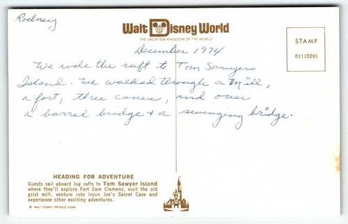 Disney World Postcard Heading for Adventure Tom Sawyer Island Raft Florida 1974 - Picture 2 of 2