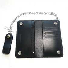 6'' Men's Long Black Leather Chain Wallet Bi-Fold Card Organizer Wallet USA Made