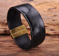 G169 Black Manual Vintage Texture Real Leather Bracelet Wristband Mens Wide Cuff