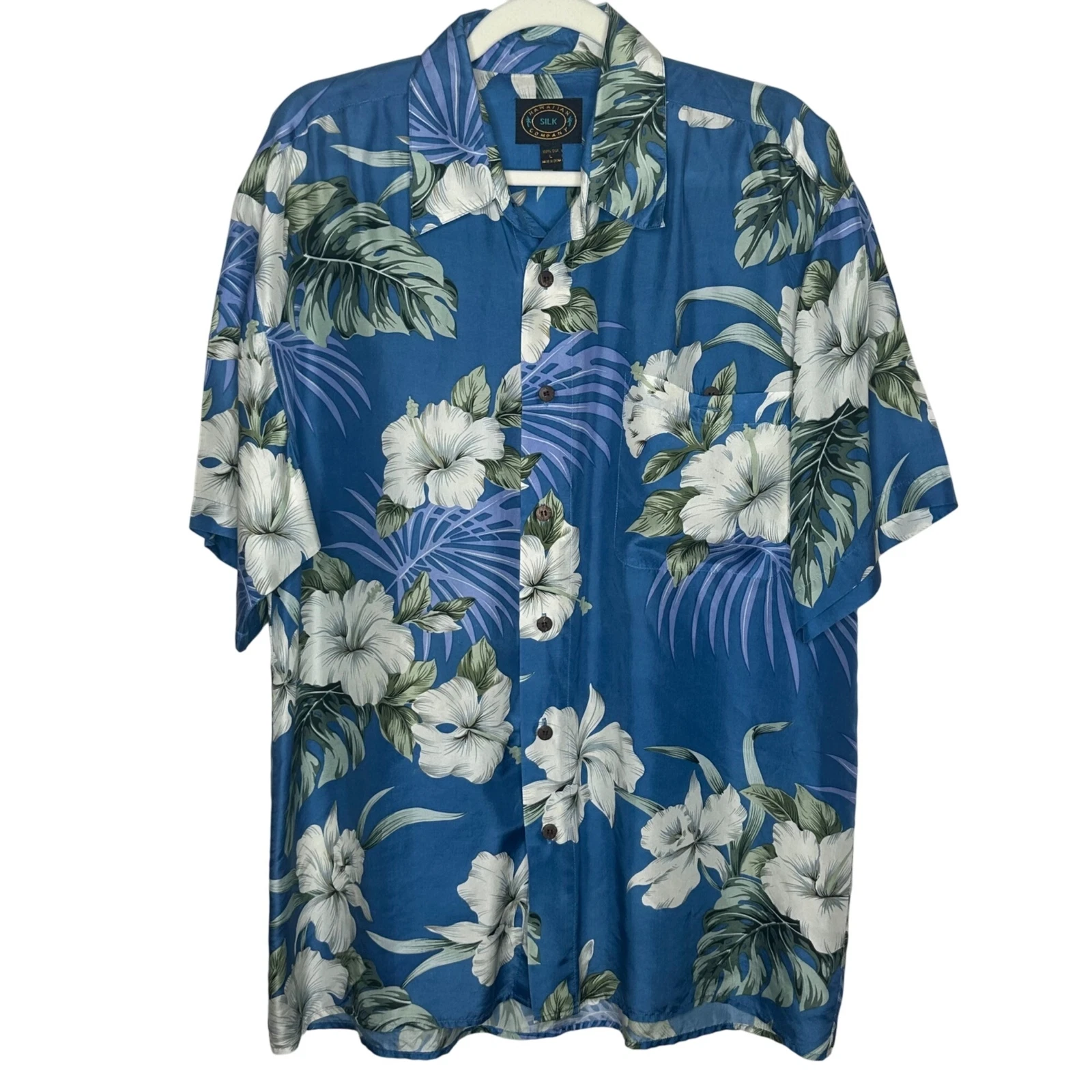 Hawaiian Silk Co. Blue Floral Short Sleeve Shirt Mens L Island Aloha Beachy