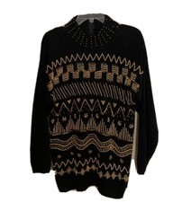Vintage Gold Beaded Knit Ugly Christmas Sweater Black Size M