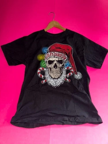 Harley Davidson Santa Cap Skull Motorcycle T-Shirt Men's Size M Black Graphic 