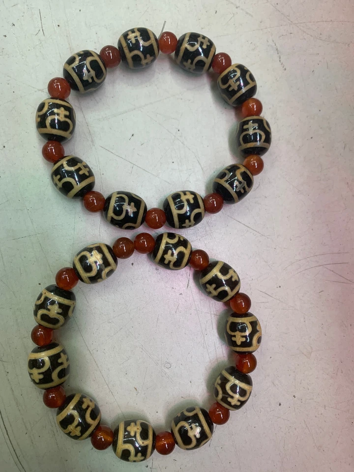 2 шт. Тибетский Натуральный Агат Дзи *4Водолей* Бусины С Красными Агатовыми Бусинами Браслеты - Изображение 2 из 4