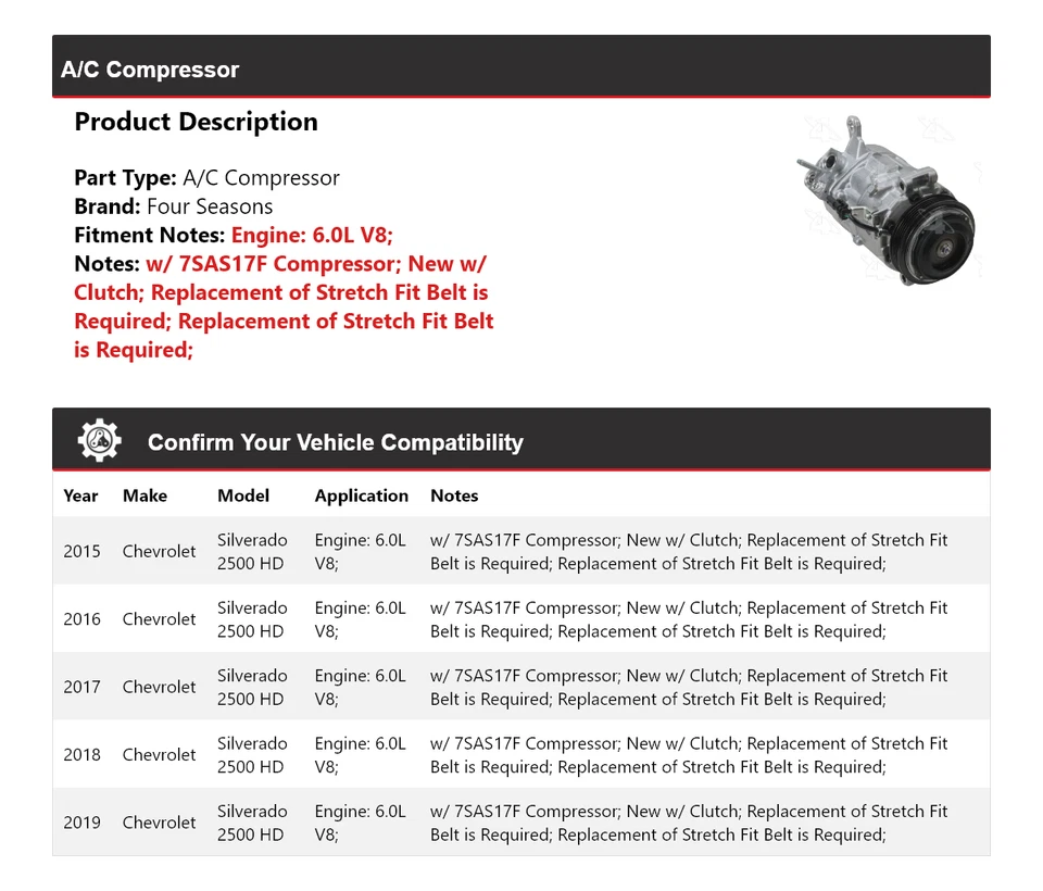 Para 2015-2019 Chevrolet Silverado 2500 HD 6.0L V8 A/C Compressor 4 Estações 2016 - Imagem 2 de 4