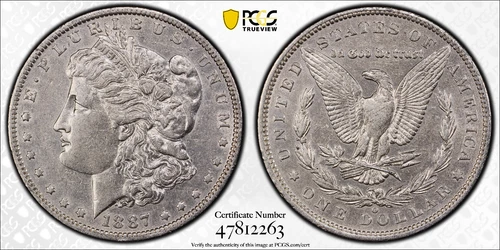 1887 O $1 MORGAN SILVER DOLLAR PCGS AU50 Protected by Gold Shield & TrueView