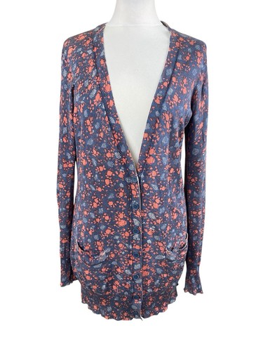 Hobbs NW3 70% Silk 30% Cotton Blue & Pink Long boyfriend knit cardigan size 14