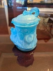 Vintage McKee Blue Opaline Milk Glass Condiment Jar Bird on Tree Stump