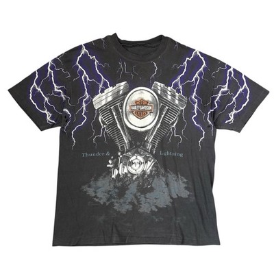 Vintage Harley Davidson Thunder & Lightning T-Shirt XL Conroe Texas Faded AOP