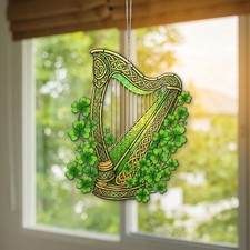 Irish Celtic Harp ACRYLIC Suncatcher, Shamrock Lucky Clover Window Hanging