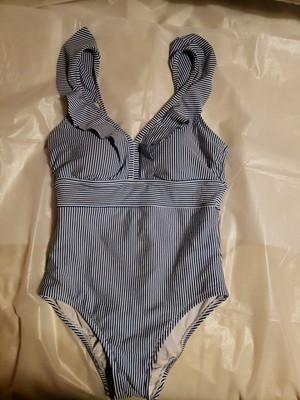 Time & Tru Blue/White Striped  Swimsuit One-Piece Sz M (8-10) Nautical Classic