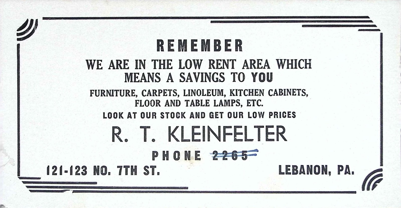 Vintage R T Kleinfelter Furniture Carpets Advertising Card Lebanon Pennsylvania