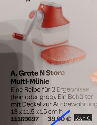 Grate N Store Multi-Mühle Reibe manuell fein/grob mit Behälter & Deckel rot/weiß