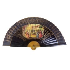 Black Enameled Wood Spanish Scene Folding Fan Vintage