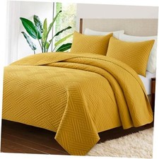 Safonory Quilt Set Size 106"x96", Mustard King Mustard Yellow - Stripe Pattern