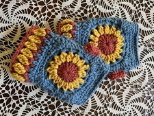 Handmade Crochet Sunflower Fingerless Gloves Slate Blue Rust Trim