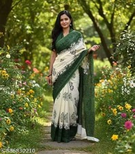 Ready to Wear Green Colour Cotton Saree For Women Sari With Unstitched Blouse