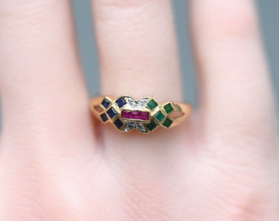 Mosaik Design Multi-Edelstein Smaragde, Saphire, Rubine & Diamanten 14k YG Ring