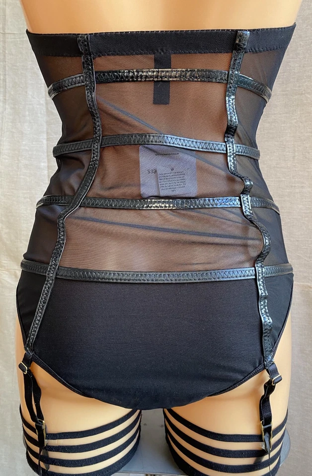 Ann Summers ELASTICA Bodysuit Black Sheer Mesh Faux Leather Strapping, UK 12 - Image 4 of 4