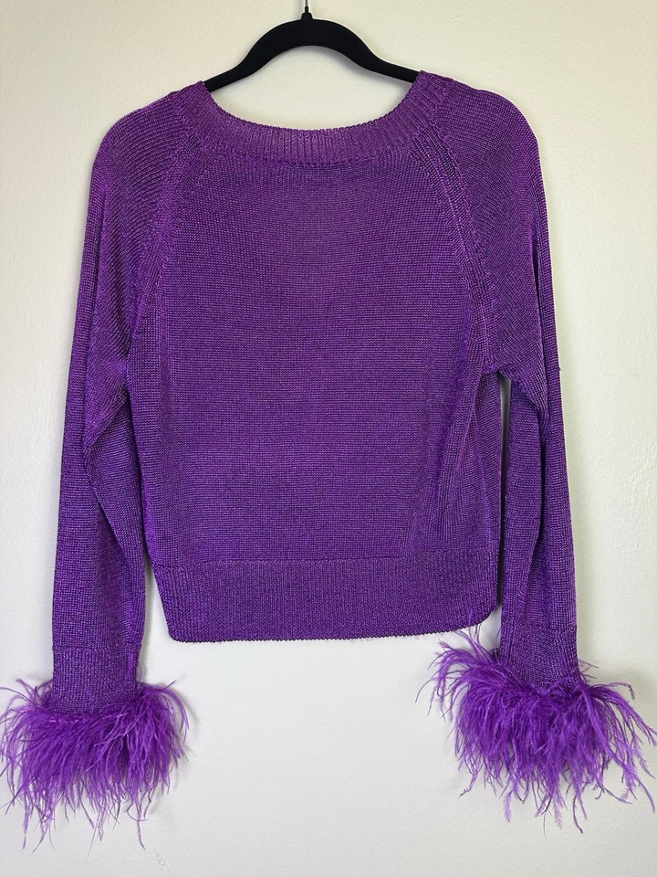 Suéter Maximalista Milly Para Mujer Púrpura Pluma Recortado Lujo Glamour Talla Pequeña Foto 3 de 4