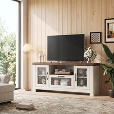 TV Stand Farmhouse for 55 Inch TV, Water Ripple Acrylic Door, Adjustable Shelves