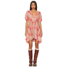 Free People Agnes Plaid Mini Dress XL NWT Split Neck Drop Shoulder Ruffle $128
