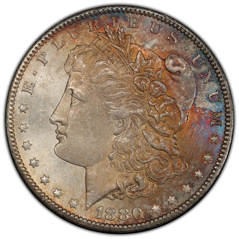 1880 CC $1 MORGAN SILVER DOLLAR PCGS MS 64+-PLUS GRADE-COLORFUL TONING-KEY DATE-