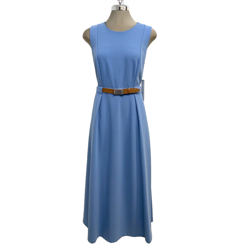 New Size 12 Calvin Klein Elegant Belted Blue Crepe Midi Fit & Flare Dress