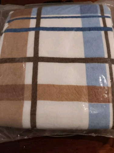 NOS Vintage Mac Leod Plaid Blanket Charles D Owen 45 x 72 Blue White Brown - Picture 7 of 9