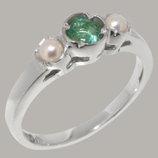 Solid 9k White Gold Natural Emerald & Full Pearl Womens Trilogy Ring