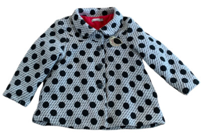 Catimini Toddler Girls Polka Dot Jacket Size 2 Black Gray Bird Patch Snap Front