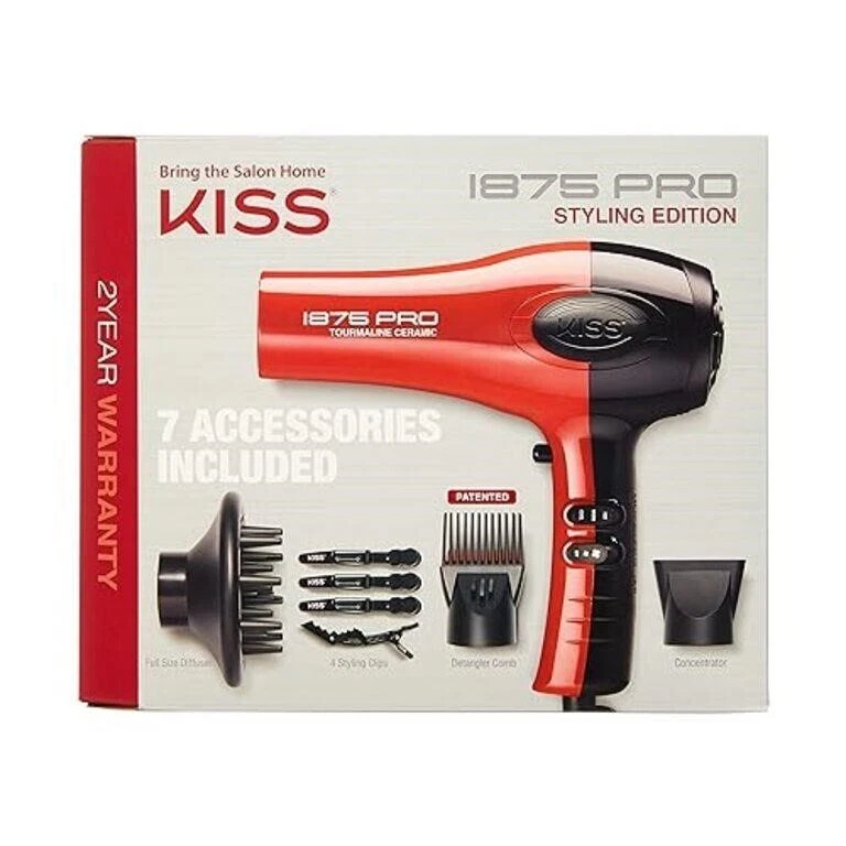 KISS 1875 Watt Pro Tourmaline Ceramic Hair Dryer 3 Heat Settings 7 attachments eBay