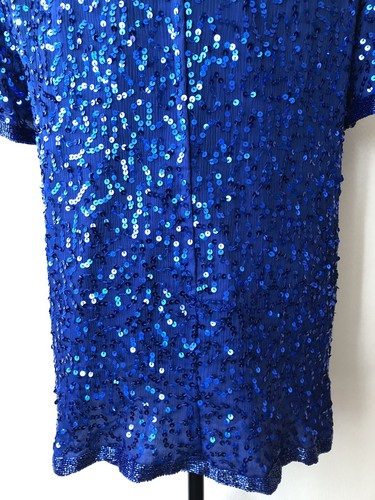 Vintage '80s Joseph Le Bon Royal Blue Sequined & Beaded Tunic Top Cutout L/XL - Picture 8 of 12