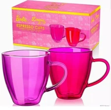 Barbie X Dragon Glass Coffee Mugs, Pink and Magenta Double Wall Lot of 4 
