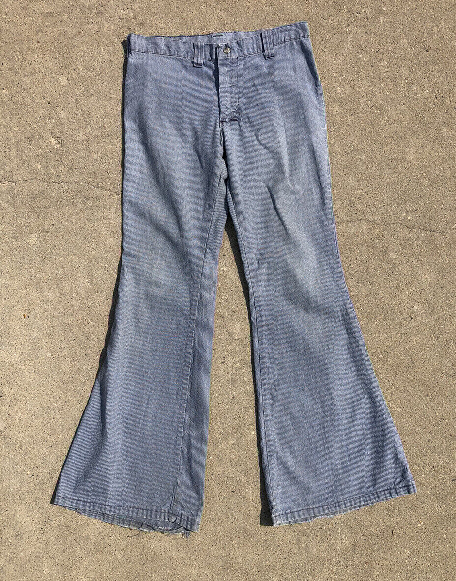 Vintage 60s Handmade Pincheck Stripe Denim Bell Bottom Jeans Vintage 60s Handmade Pincheck Stripe Denim Bell Bottom Jeans