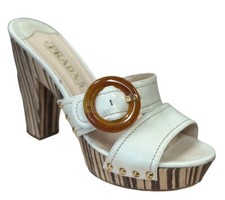 PRADA White Striped Wooden Tortoise Platforms Buckle Slip On Sandals 37.5 US 7.5