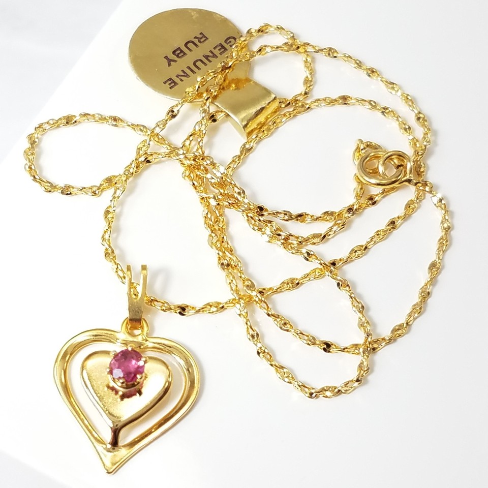 Vintage Jewelry 14K Gold Filled Real Ruby Birthstone Heart Necklace 70s