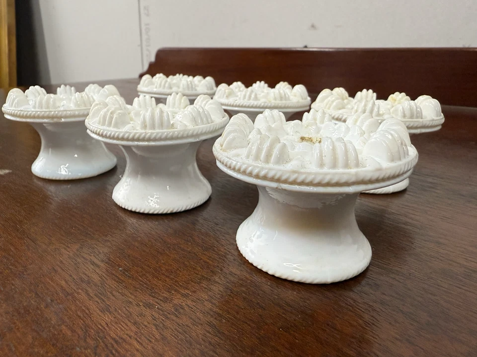 6 antique pressed glass sandwich 1840s dresser knobs split petal milk glass - Image 3 of 4