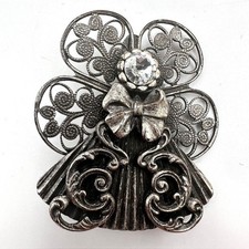 Vintage 90s Silver Tone Angel Brooch Filigree Wings Clear Glass Bow Jewelry